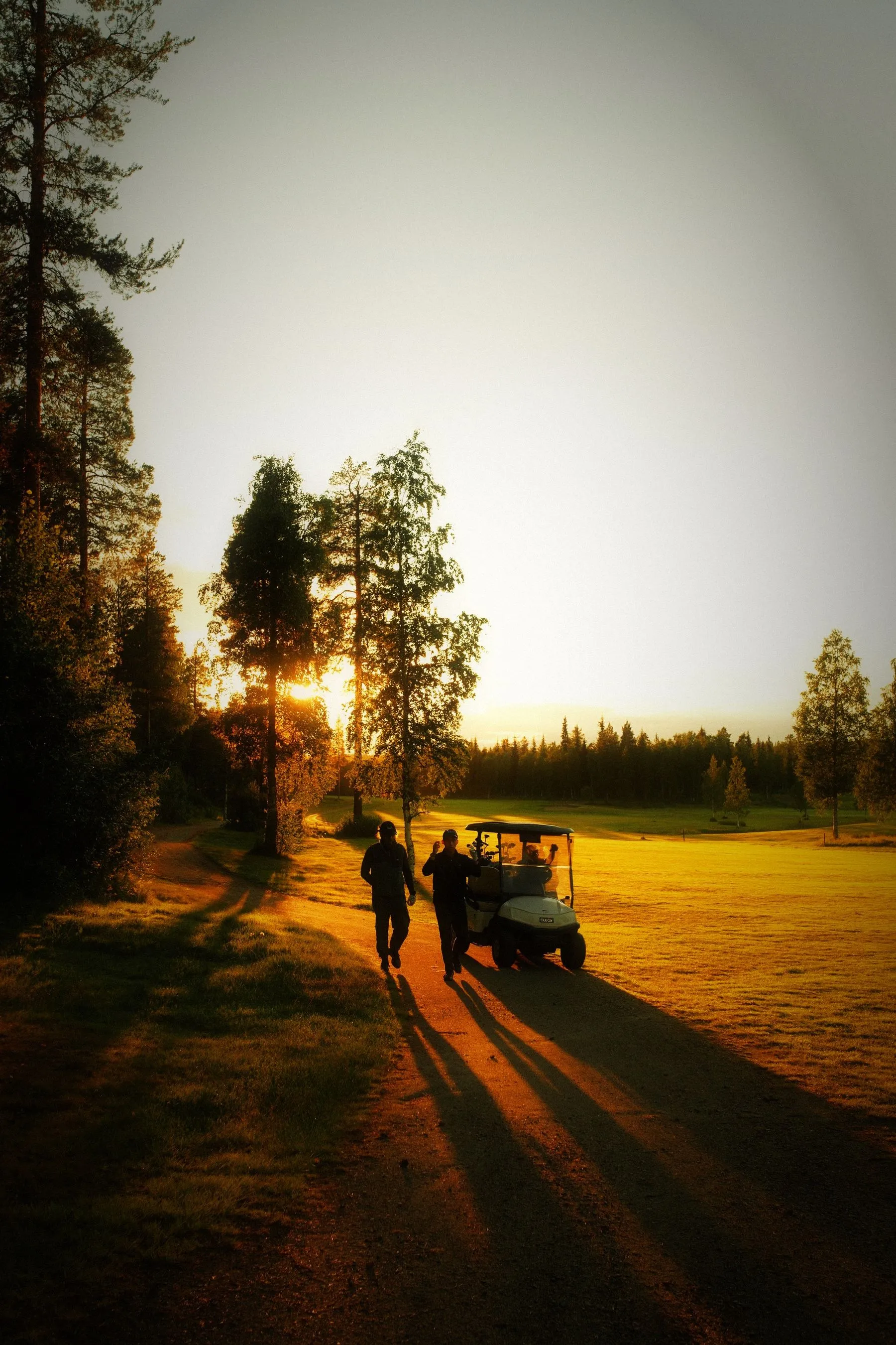 Two golfers walking toward a golf cart on a tree-lined course at golden-hour sunset